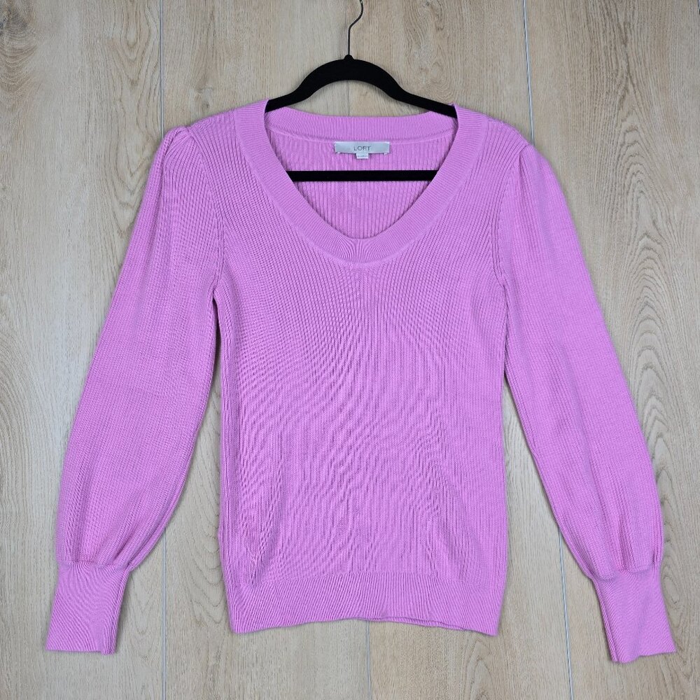 LOFT Pink Puff Sleeve V-Neck Sweater - M